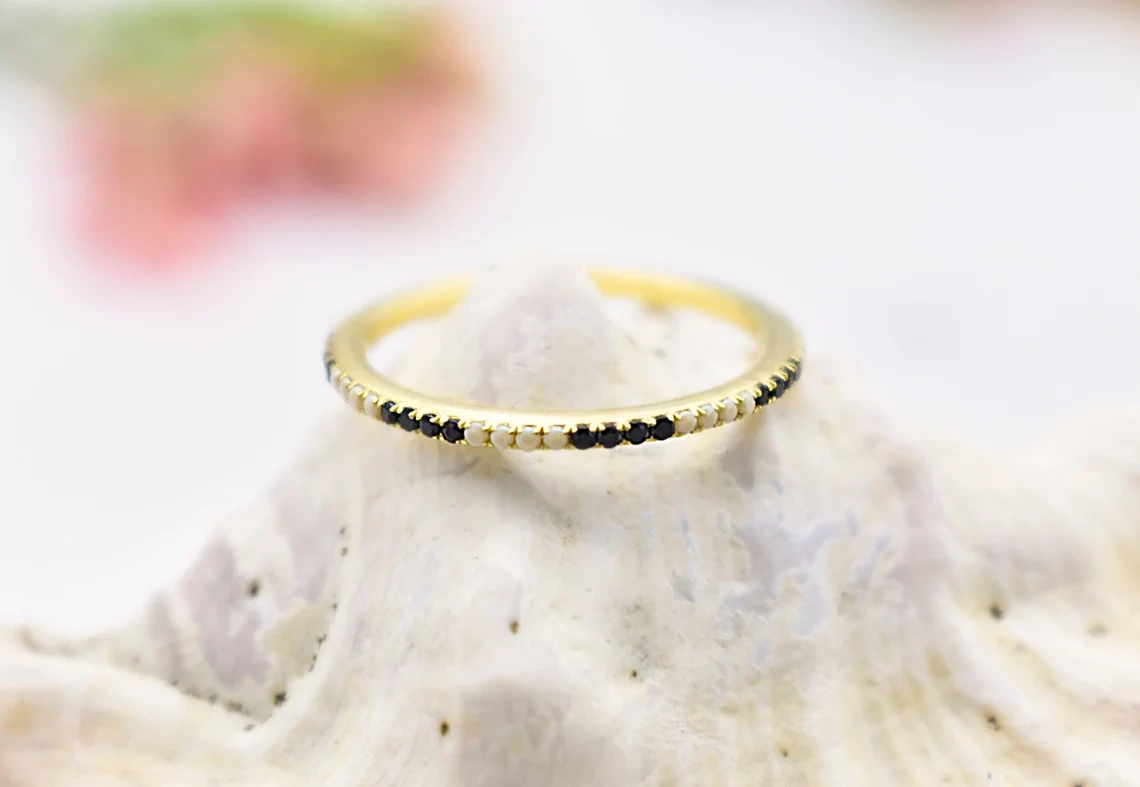 14K Solid Gold Black Onyx Moon Stone Half Eternity Ring Tiny Precious Stacking Diamond Ring Dainty Minimal Statement Birthstone knuckle Ring-11391230