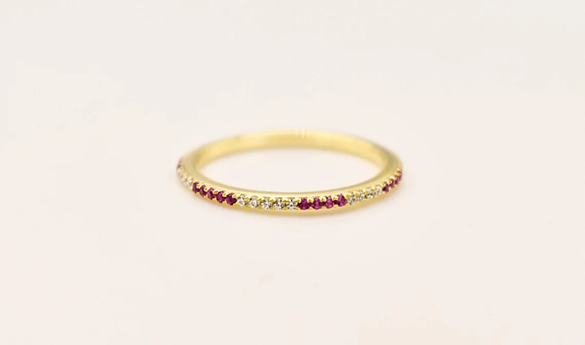 14K Solid Gold Diamond and Ruby Half Eternity Ring Precious Stacking Diamond Ring Dainty Minimal Statement Birthstone knuckle Ring-10 3/4 US/Uk size – V-1