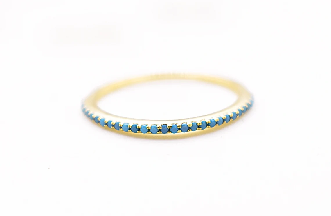 14K Solid Gold Inset Turquoise Full Eternity Ring Handmade Tiny Precious Stacking Diamond Ring Dainty Minimal Statement Birthstone knuckle Ring-10 3/4 US/Uk size – V-2