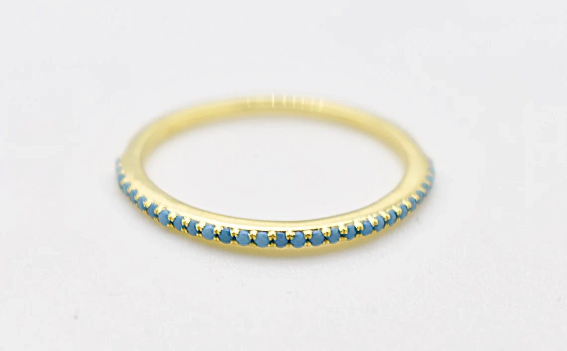 14K Solid Gold Inset Turquoise Full Eternity Ring Handmade Tiny Precious Stacking Diamond Ring Dainty Minimal Statement Birthstone knuckle Ring-10 3/4 US/Uk size – V-3