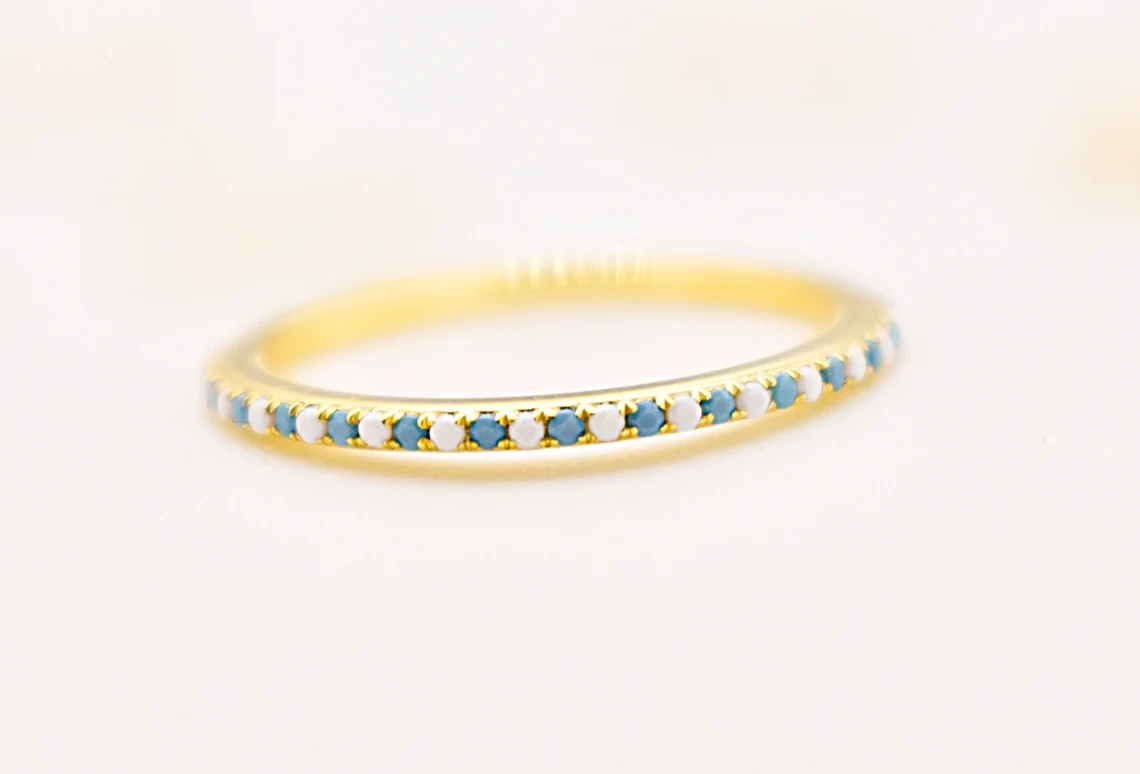 14K Solid Gold Turquoise Moonstone Half Eternity Ring Tiny Precious Stacking Diamond Ring Dainty Minimal Statement Birthstone knuckle Ring-10 3/4 US/Uk size – V-1