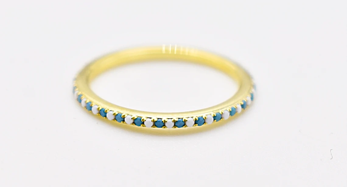 14K Solid Gold Inset Turquoise Moonstone Full Eternity Ring Handmade Tiny Precious Stacking Diamond Ring Dainty Minimal Statement Birthstone-11391708