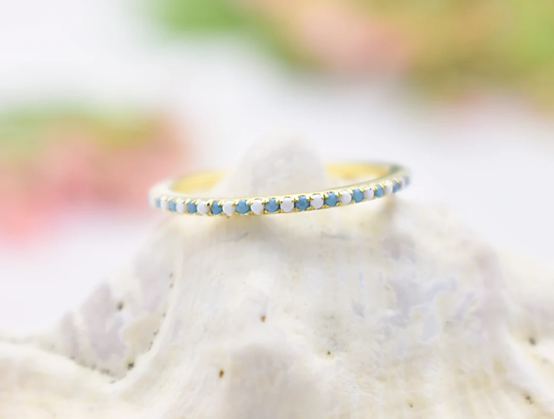 14K Solid Gold Inset Turquoise Moonstone Full Eternity Ring Handmade Tiny Precious Stacking Diamond Ring Dainty Minimal Statement Birthstone-10 3/4 US/Uk size – V-1