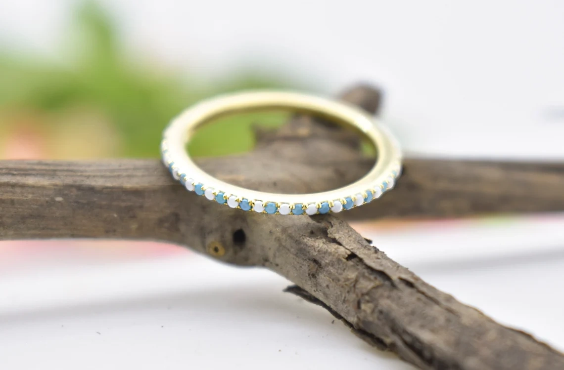 14K Solid Gold Inset Turquoise Moonstone Full Eternity Ring Handmade Tiny Precious Stacking Diamond Ring Dainty Minimal Statement Birthstone-10 3/4 US/Uk size – V-3