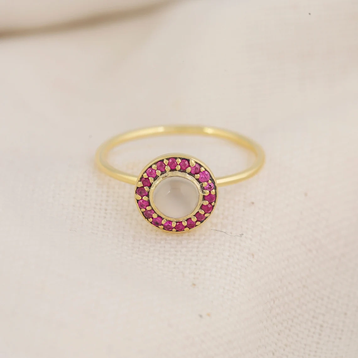 14K Solid Gold Ruby and Moonstone Precious Stone White Moonstone Ring Halo Engagement Ring Classic Birthstone Ring Sterling Silver Ring-11395328