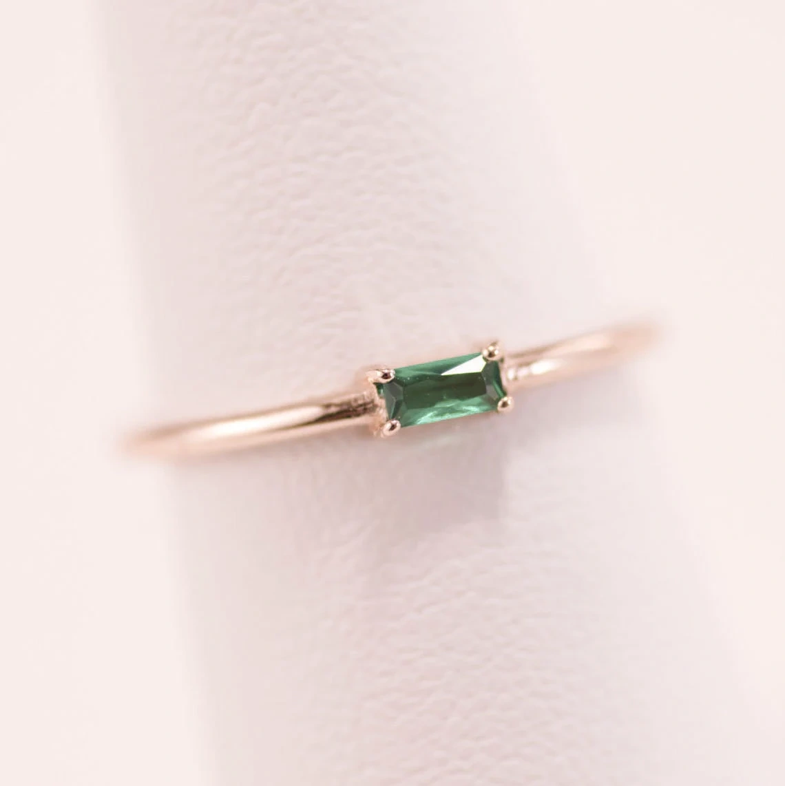 Baguette Shape Emerald 14K Solid Gold Ring Dainty Stacking Minimal Delicate Ring Light Weighted Prong Setting Precious Stone Handmade Ring-10 3/4 US/Uk size – V-1