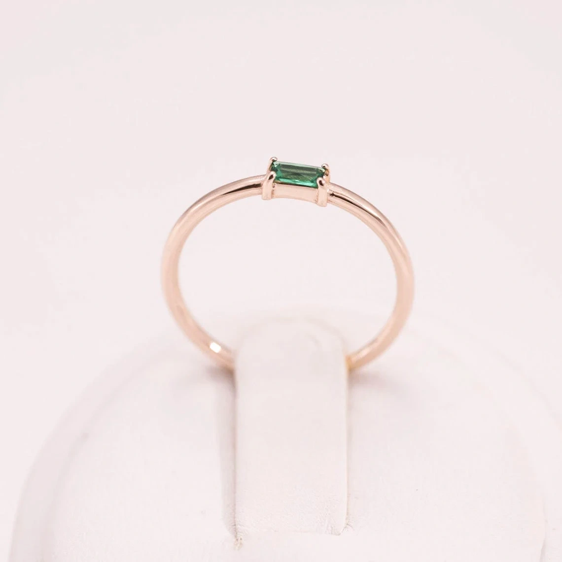 Baguette Shape Emerald 14K Solid Gold Ring Dainty Stacking Minimal Delicate Ring Light Weighted Prong Setting Precious Stone Handmade Ring-10 3/4 US/Uk size – V-3