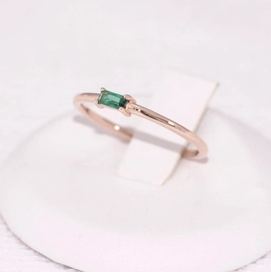 Baguette Shape Emerald 14K Solid Gold Ring Dainty Stacking Minimal Delicate Ring Light Weighted Prong Setting Precious Stone Handmade Ring-10 3/4 US/Uk size – V-4