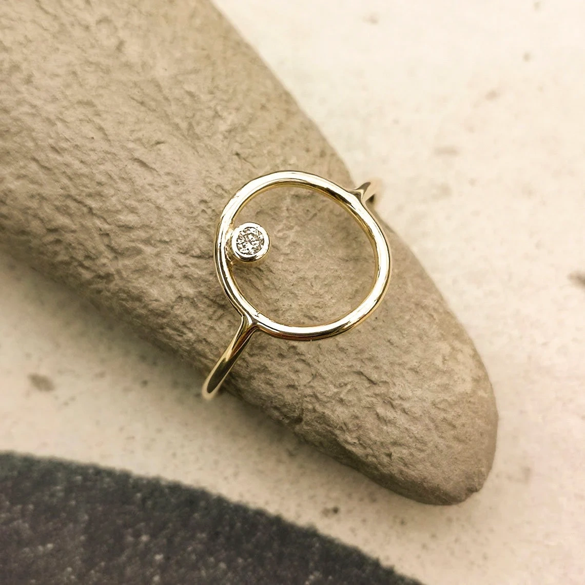 14K Solid Gold Round Tiny Crystal Karma Thin Ring Handmade Stacking Modernist Dainty Ring Minimalist Geometric Circle Unique Statement Ring-10 3/4 US/Uk size – V-1