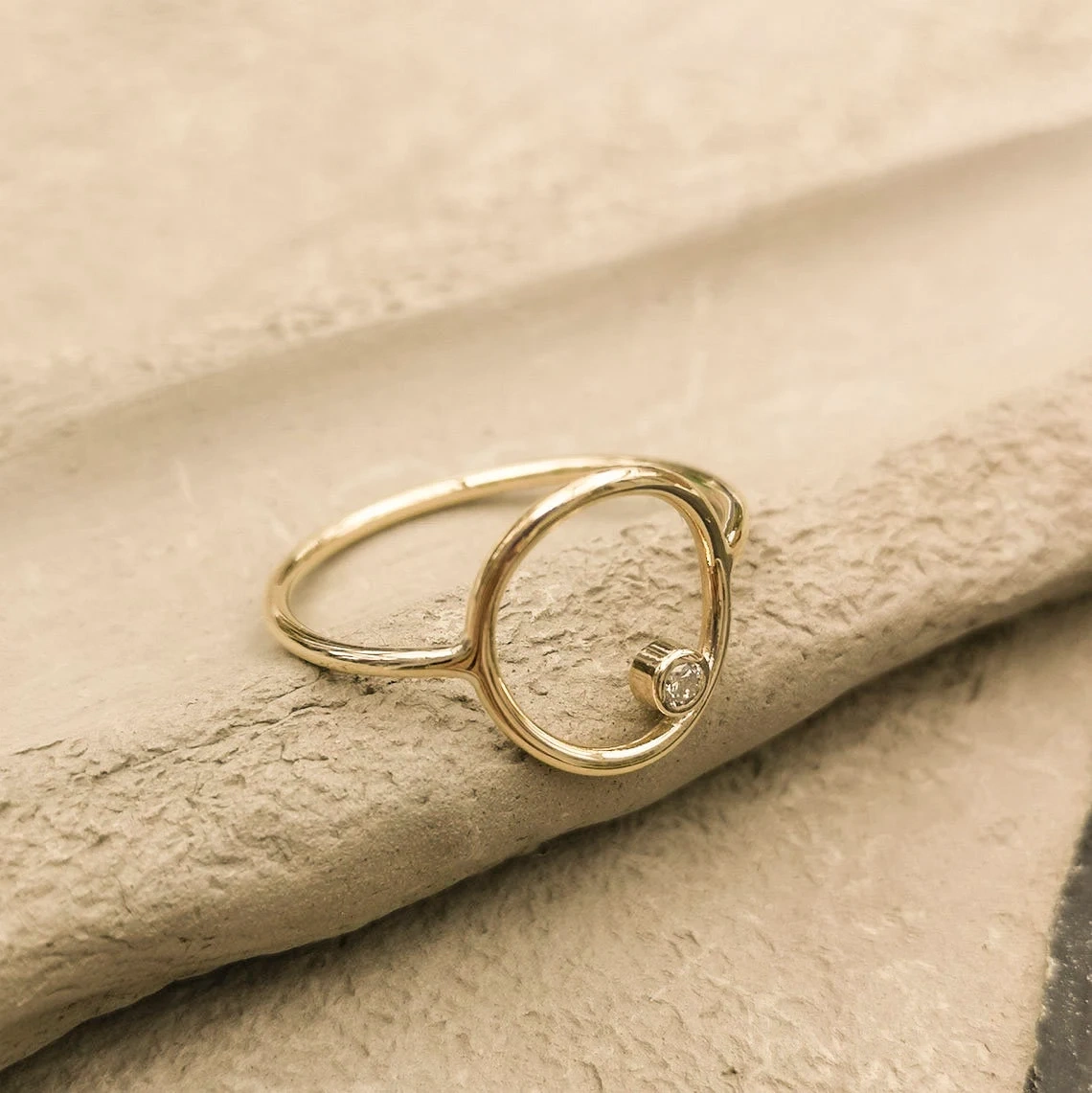 14K Solid Gold Round Tiny Crystal Karma Thin Ring Handmade Stacking Modernist Dainty Ring Minimalist Geometric Circle Unique Statement Ring-10 3/4 US/Uk size – V-5