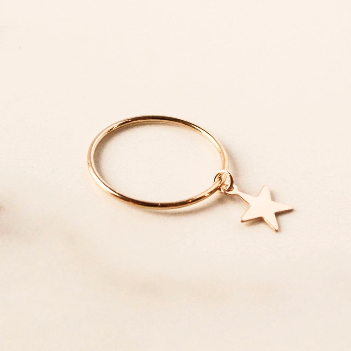 14K Gold Skinny Plain Band Star Charm Dainty Ring Handmade Minimalist Style Celestial Stacking Knuckle ring Statement Women Dangle Ring-11395704