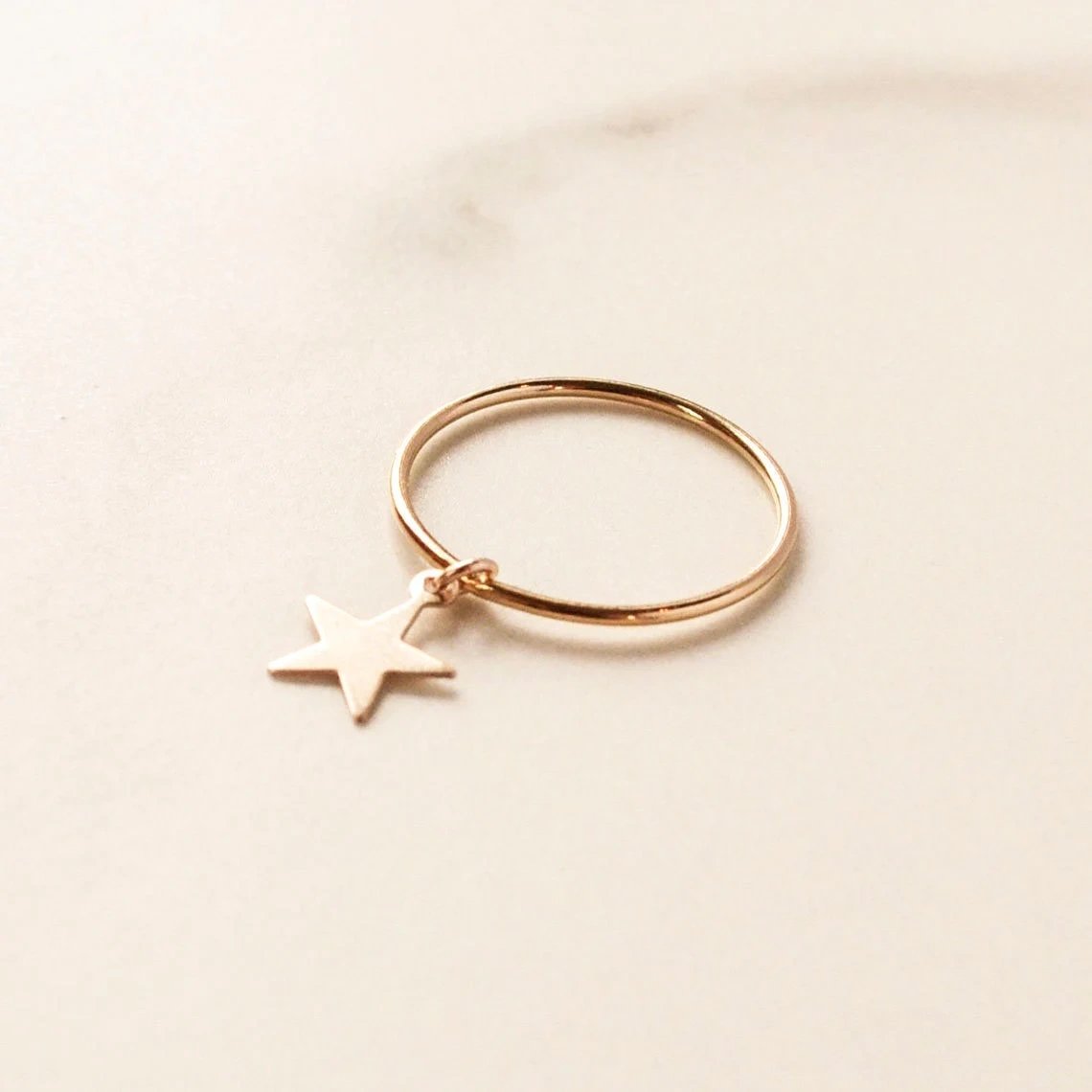 14K Gold Skinny Plain Band Star Charm Dainty Ring Handmade Minimalist Style Celestial Stacking Knuckle ring Statement Women Dangle Ring-10 3/4 US/Uk size – V-1