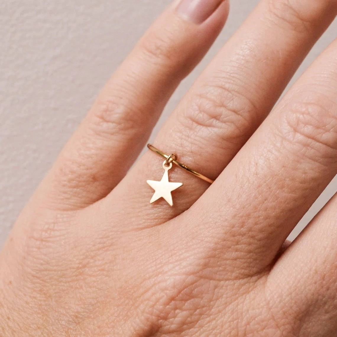 14K Gold Skinny Plain Band Star Charm Dainty Ring Handmade Minimalist Style Celestial Stacking Knuckle ring Statement Women Dangle Ring-10 3/4 US/Uk size – V-2