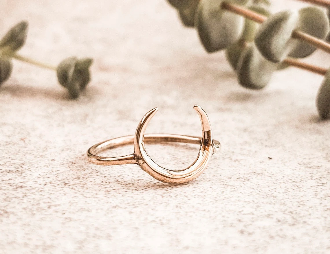 14K Solid Gold Crescent Moon Phase Handmade Plain Stacking Ring Modernist Dainty Stacking Minimalist Jewelry Boho Style Statement Ring-11395778