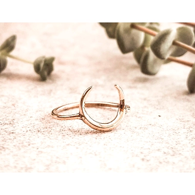 14K Solid Gold Crescent Moon Phase Handmade Plain Stacking Ring Modernist Dainty Stacking Minimalist Jewelry Boho Style Statement Ring