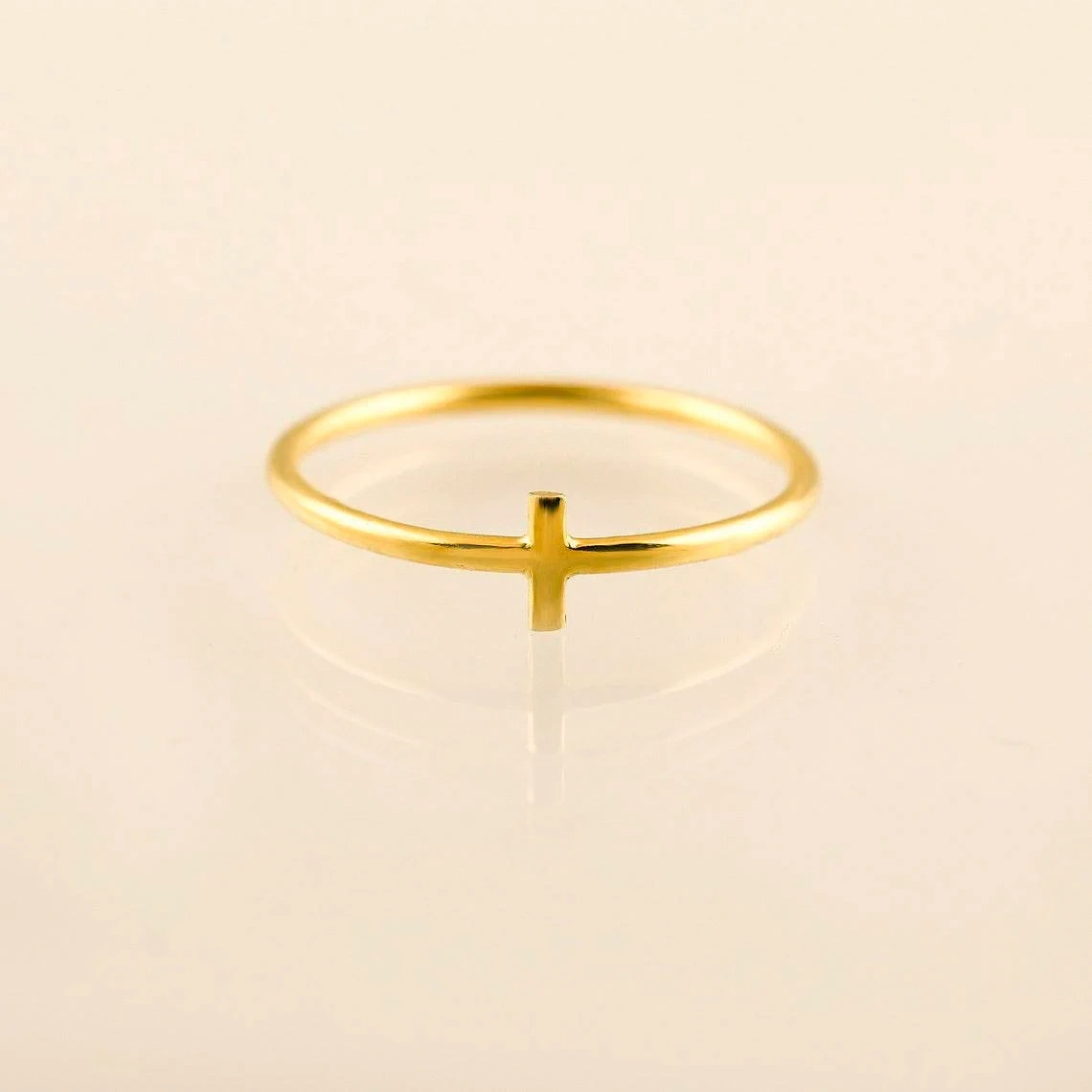 14K Solid Gold Thin Holy Cross Ring Stacking Dainty Ring Handmade Delicate Small Cross Minimalist Ring Gold Unisex Ring Christian jewelry-10 3/4 US/Uk size – V-2