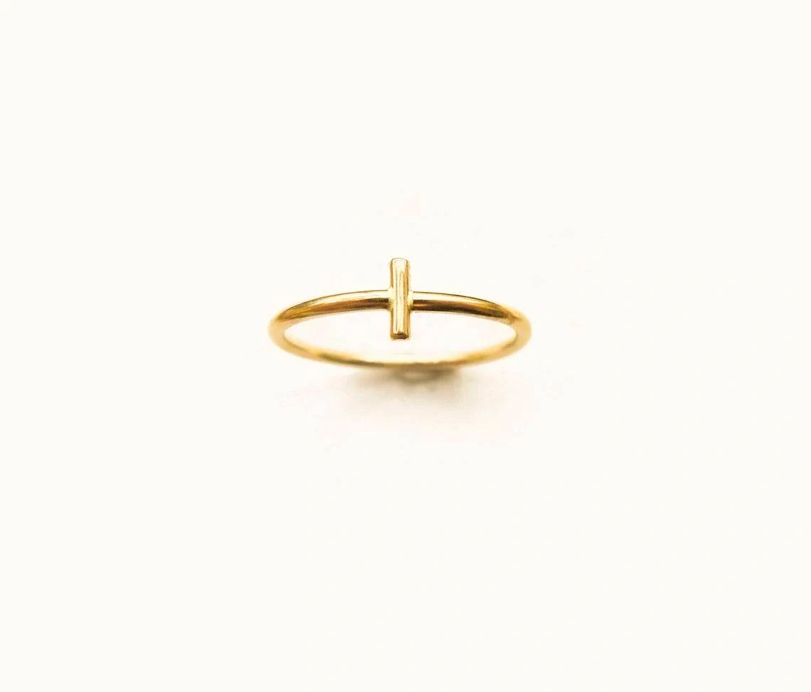 14K Solid Gold Thin Holy Cross Ring Stacking Dainty Ring Handmade Delicate Small Cross Minimalist Ring Gold Unisex Ring Christian jewelry-10 3/4 US/Uk size – V-3