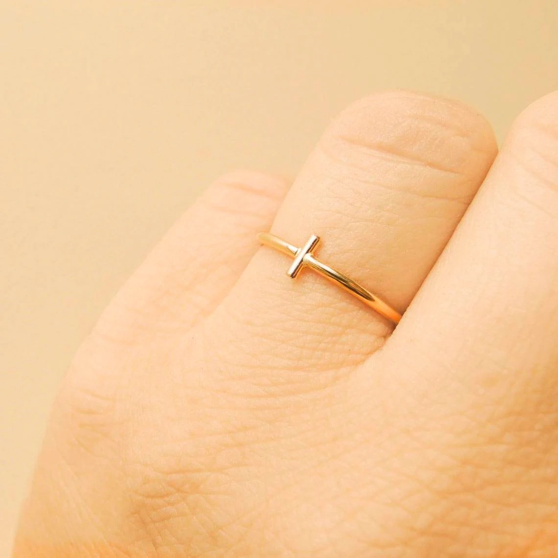 14K Solid Gold Thin Holy Cross Ring Stacking Dainty Ring Handmade Delicate Small Cross Minimalist Ring Gold Unisex Ring Christian jewelry-10 3/4 US/Uk size – V-4