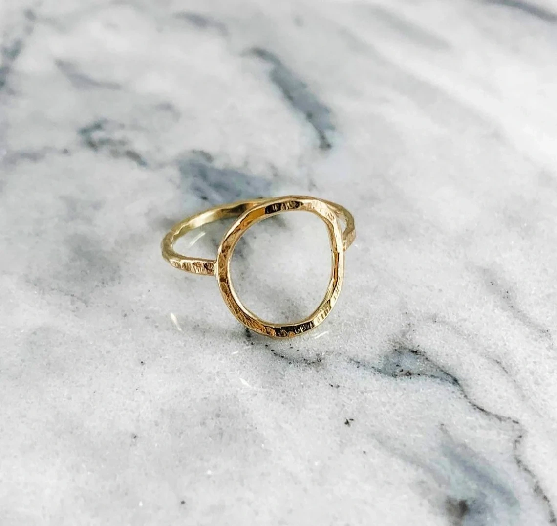 14K Solid Gold Hammered Karma Ring Handmade Open Circle Geometric Stacking Ring Dainty Textured Minimalist Statement Gold knuckle Ring-11396078