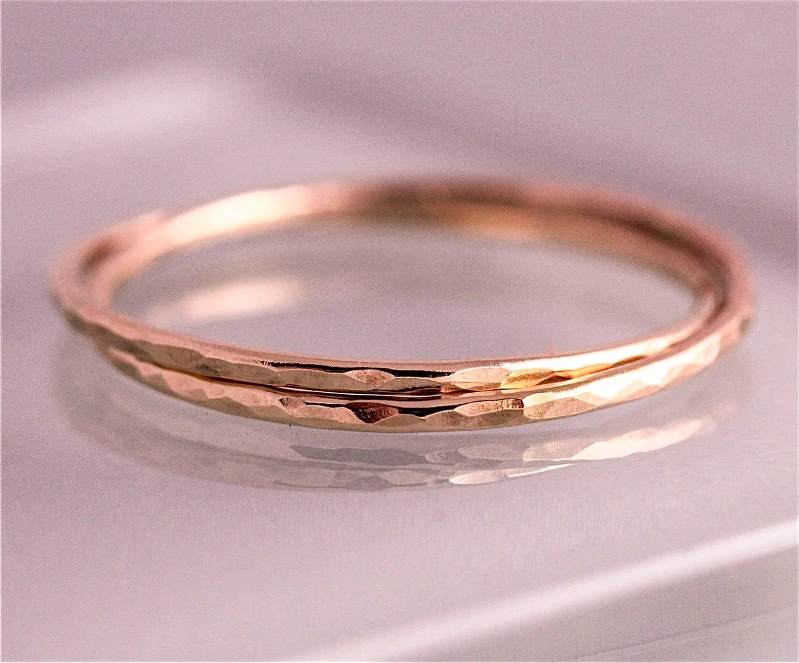 10K Solid Gold Duo Interlocking Stacking Hammered Charm Ring Knuckle Promise Ring Minimalist Handmade Eternity Interlocked Ring Gift For Her-10 3/4 US/Uk size – V-2