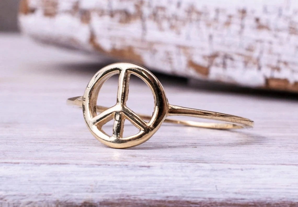 14K Solid Gold Dainty Peace Sign Ring Minimalist Delicate Light Weighted Tiny Holy Simple Unique Handmade Gold Unique Hippie Stacking Ring-11397160