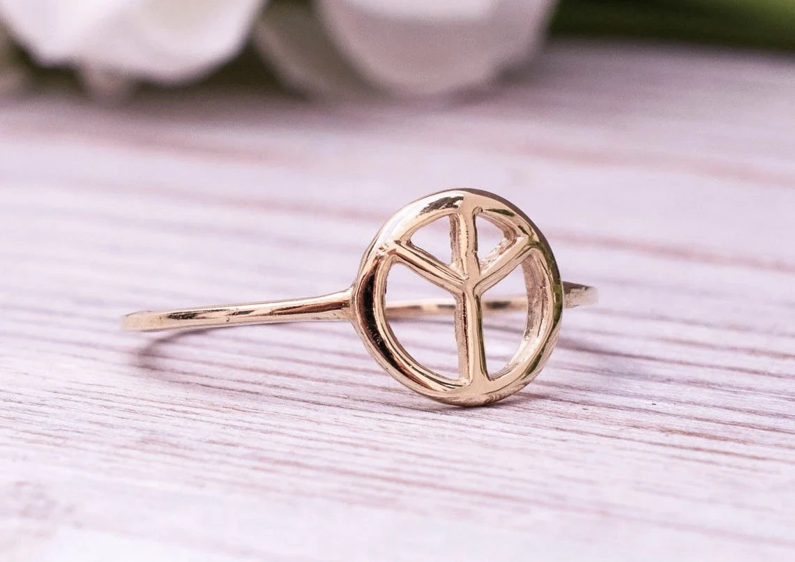 14K Solid Gold Dainty Peace Sign Ring Minimalist Delicate Light Weighted Tiny Holy Simple Unique Handmade Gold Unique Hippie Stacking Ring-10 3/4 US/Uk size – V-1