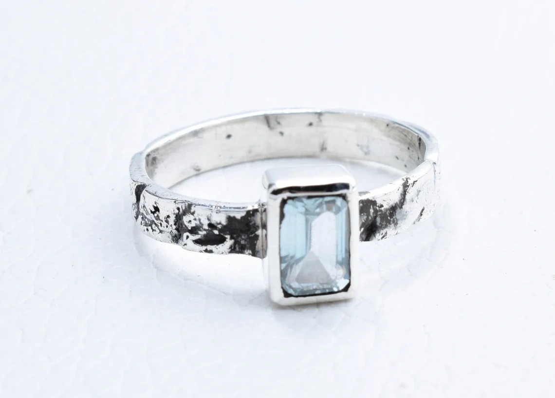 Blue Topaz Studded Hand Carved Silver Ring Classy Collection Natural Stone Ring Rectangle Stone Handmade Organic Ring Mothers' Day Gift Ring-11397692