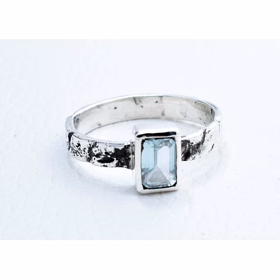 blue topaz studded hand carved silver ring classy collection natural stone ring rectangle stone handmade organic ring mothers' day gift ring