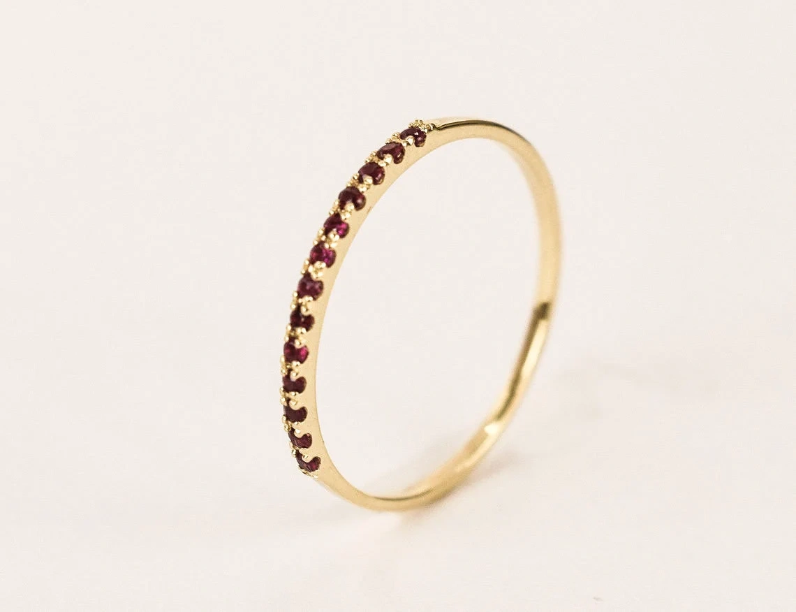 10K Solid Gold Tiny Round Inset Ruby Half Eternity Ring Handmade Stacking Gemstone Ring Dainty Minimal Statement Birthstone knuckle Ring-11397996