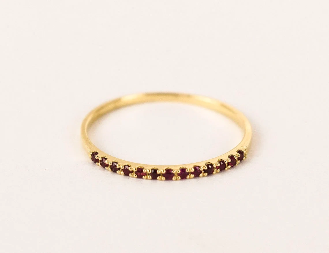 10K Solid Gold Tiny Round Inset Ruby Half Eternity Ring Handmade Stacking Gemstone Ring Dainty Minimal Statement Birthstone knuckle Ring-10 3/4 US/Uk size – V-1