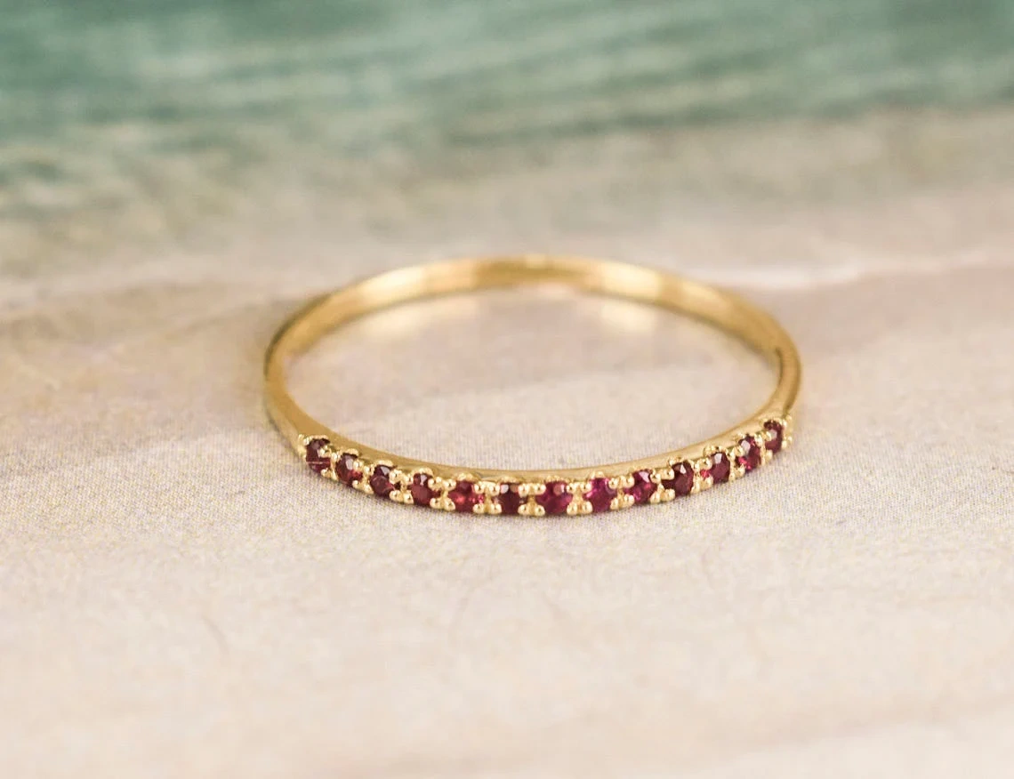 10K Solid Gold Tiny Round Inset Ruby Half Eternity Ring Handmade Stacking Gemstone Ring Dainty Minimal Statement Birthstone knuckle Ring-10 3/4 US/Uk size – V-2