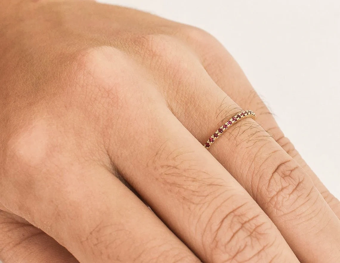 10K Solid Gold Tiny Round Inset Ruby Half Eternity Ring Handmade Stacking Gemstone Ring Dainty Minimal Statement Birthstone knuckle Ring-10 3/4 US/Uk size – V-3