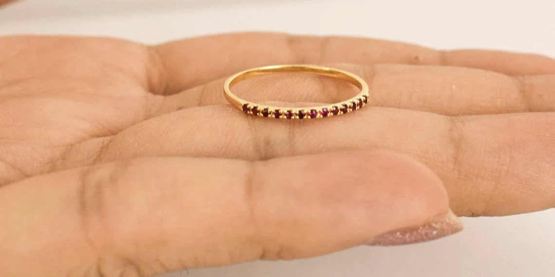 10K Solid Gold Tiny Round Inset Ruby Half Eternity Ring Handmade Stacking Gemstone Ring Dainty Minimal Statement Birthstone knuckle Ring-10 3/4 US/Uk size – V-4