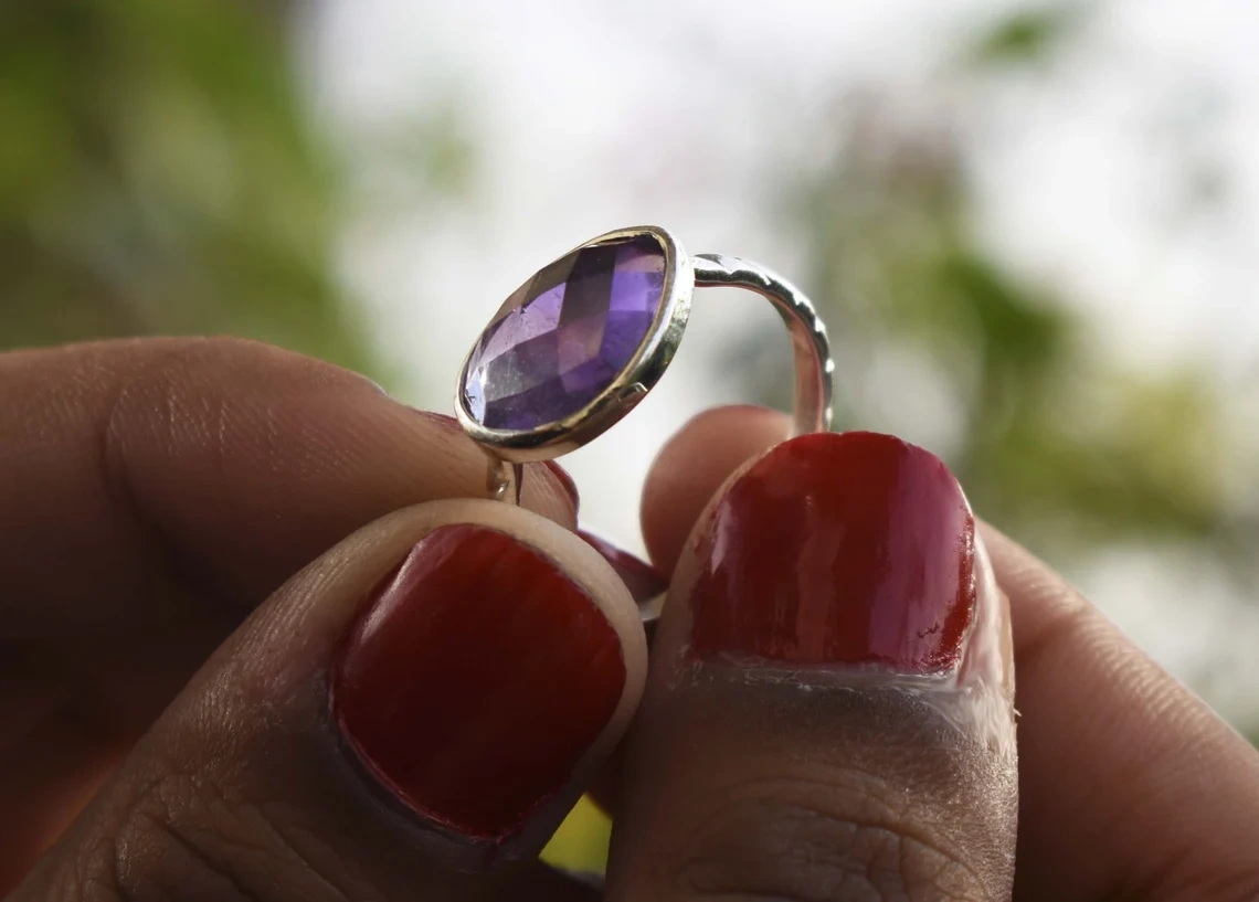 Rose Cut Amethyst Studded Ring One of A Kind Ring Victorian 925 Sterling Silver Ring Unique Ring Gift For Her-10 3/4 US/Uk size – V-3