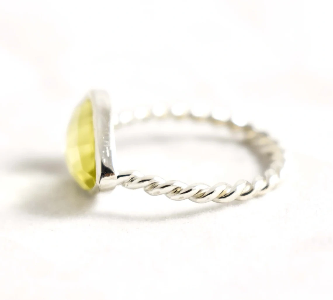 Lemon Quartz Studded Ring One of A Kind Ring Twisted Texture Silver Unique Dainty Ring Gift For Her Faceted Yellow Quartz Stone Ring-10 3/4 US/Uk size – V-1