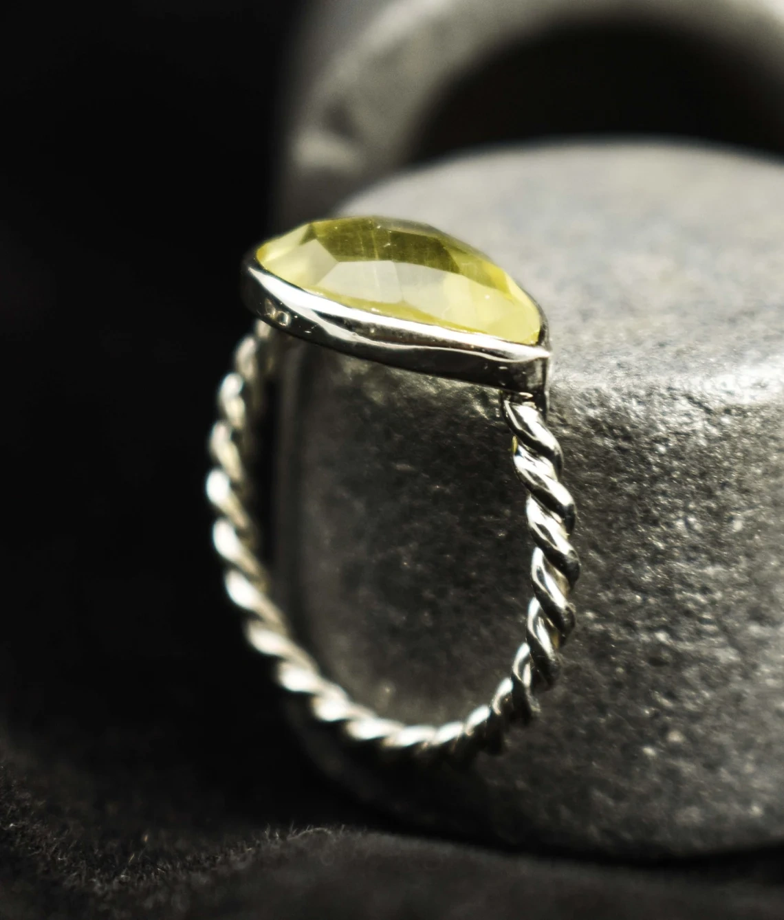 Lemon Quartz Studded Ring One of A Kind Ring Twisted Texture Silver Unique Dainty Ring Gift For Her Faceted Yellow Quartz Stone Ring-10 3/4 US/Uk size – V-3