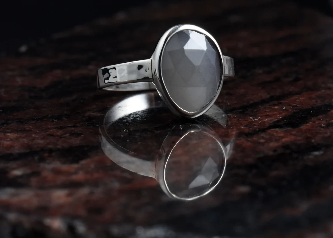 Grey Moonstone Studded Hammered Textured 925 Sterling Silver Ring Classy Collection, Rose Cut Stone Ring Semi Precious Gemstone Ring-10 3/4 US/Uk size – V-1