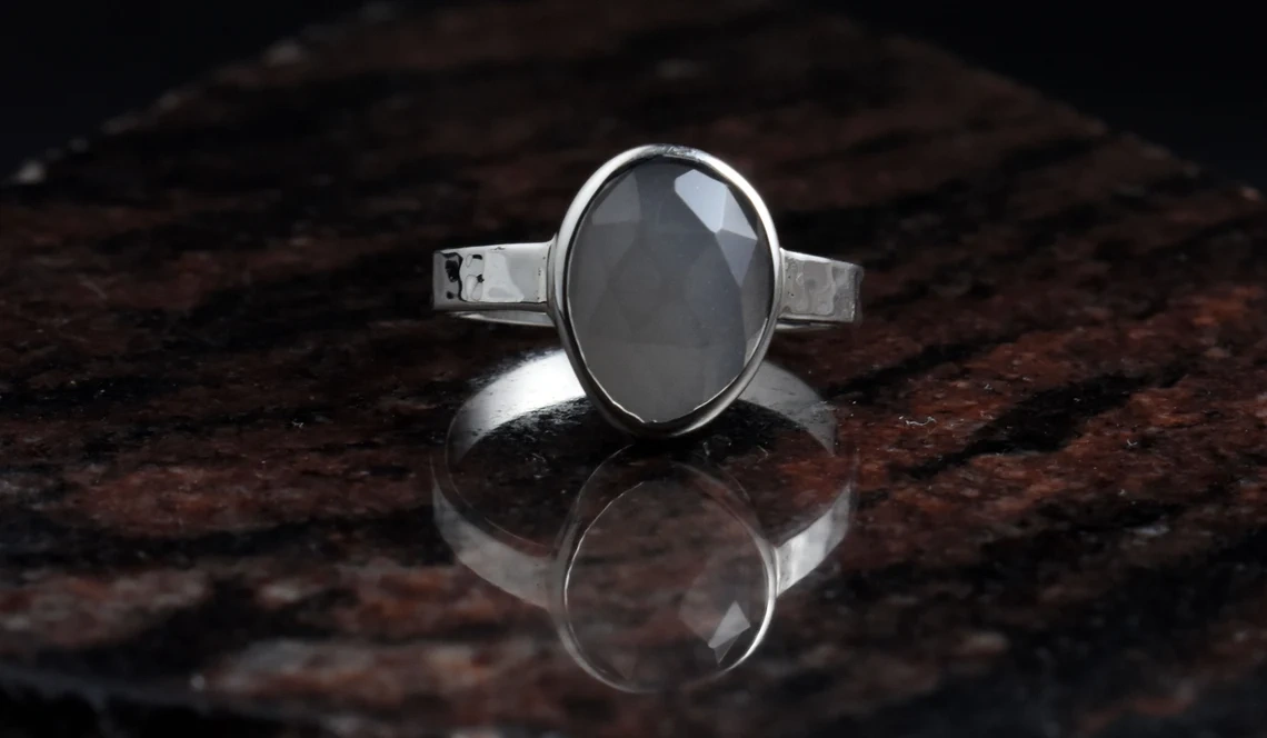 Grey Moonstone Studded Hammered Textured 925 Sterling Silver Ring Classy Collection, Rose Cut Stone Ring Semi Precious Gemstone Ring-10 3/4 US/Uk size – V-3