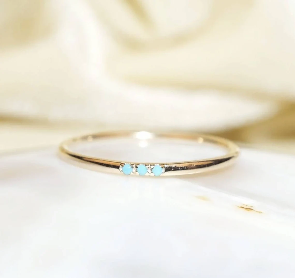 14K Solid Gold 1mm Turquoise Studded Dainty Ring Stacking Semi Precious Stone Minimalist Ring Inset Round Tiny handmade Unique Simple Ring-11398542