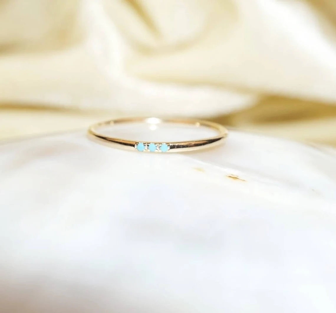 14K Solid Gold 1mm Turquoise Studded Dainty Ring Stacking Semi Precious Stone Minimalist Ring Inset Round Tiny handmade Unique Simple Ring-10 3/4 US/Uk size – V-4