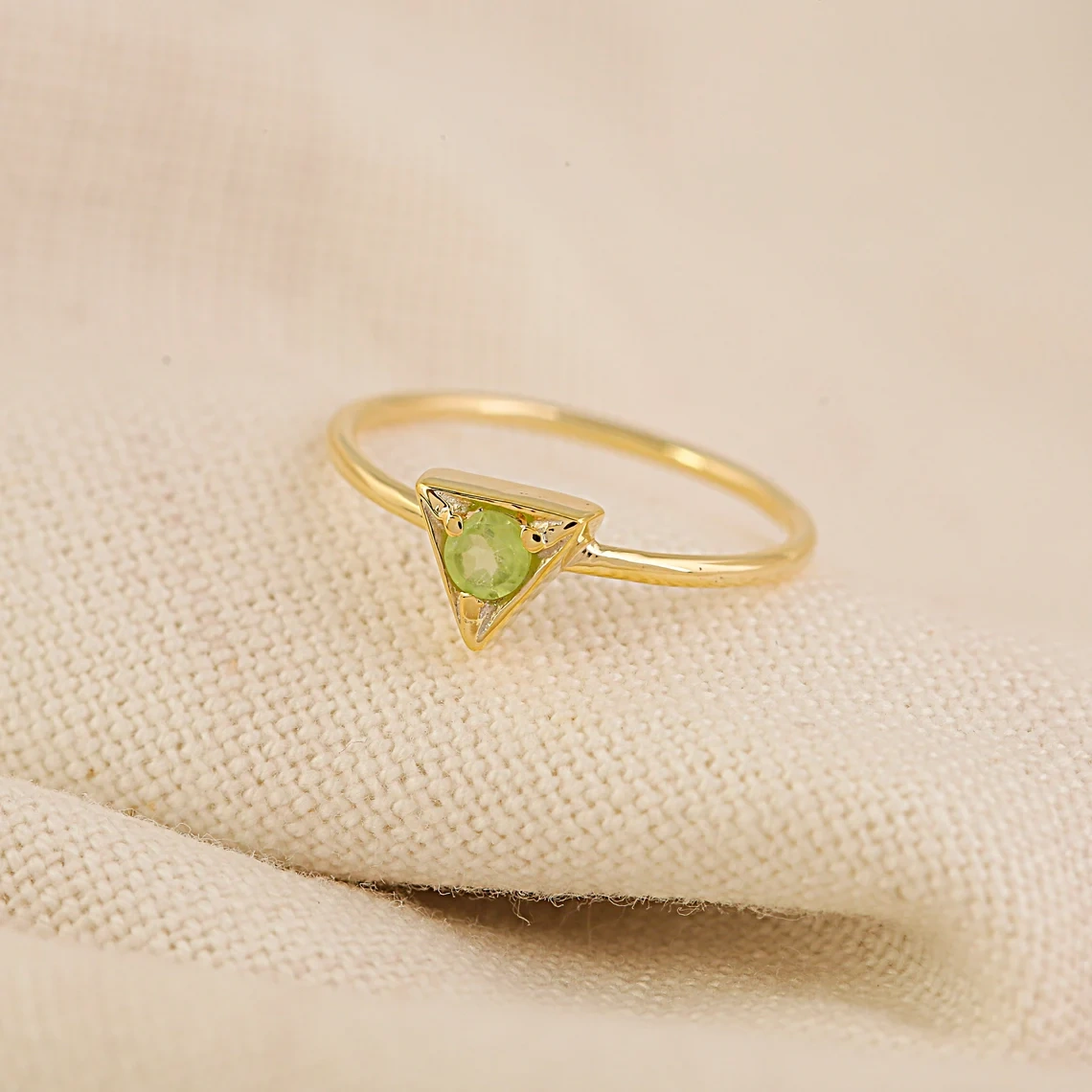 10K Solid Gold Peridot Studded Ring Semi Precious Stone Dainty Crystal Minimalist Delicate Ring Light Weighted Inset Stone Handmade Ring-10 3/4 US/Uk size – V-2