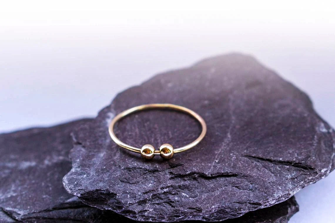 10K Solid Gold Dainty Skinny Anxiety Fidget Spinner Thin Bead Ring Minimalist Delicate Simple Unique Handmade Gold Stacking Boho Ball Ring-11399030