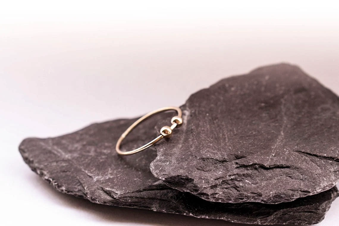 10K Solid Gold Dainty Skinny Anxiety Fidget Spinner Thin Bead Ring Minimalist Delicate Simple Unique Handmade Gold Stacking Boho Ball Ring-10 3/4 US/Uk size – V-1