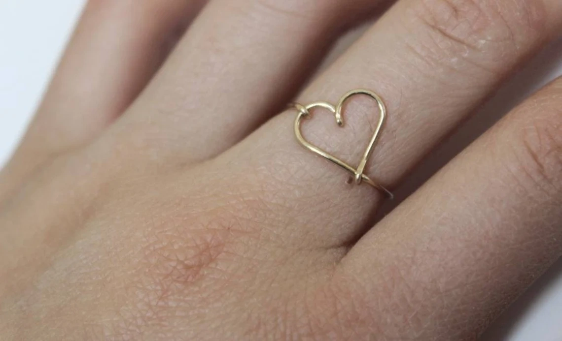 10K Gold Ring Solid Gold Sideways Open Heart Shape Wired Ring Stacking Dainty Love Minimalist ring Light Weighted handmade Unique Ring-10 3/4 US/Uk size – V-1