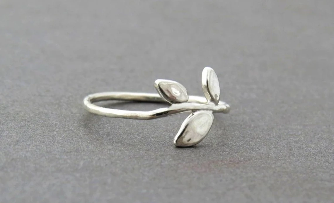 925 Sterling Silver Solid hammered Tiny leaves Ring Handmade Dainty Stacking Silver Leaf Ring Minimalist Jewelry Unique Boho Chic ring-11399664