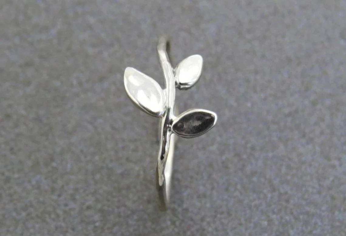 925 Sterling Silver Solid hammered Tiny leaves Ring Handmade Dainty Stacking Silver Leaf Ring Minimalist Jewelry Unique Boho Chic ring-10 3/4 US/Uk size – V-1