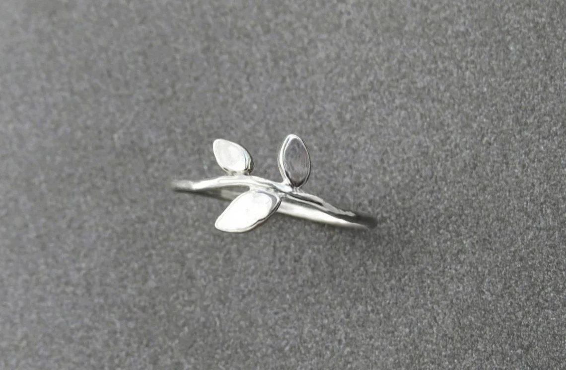 925 Sterling Silver Solid hammered Tiny leaves Ring Handmade Dainty Stacking Silver Leaf Ring Minimalist Jewelry Unique Boho Chic ring-10 3/4 US/Uk size – V-2