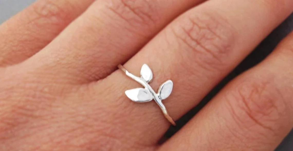 925 Sterling Silver Solid hammered Tiny leaves Ring Handmade Dainty Stacking Silver Leaf Ring Minimalist Jewelry Unique Boho Chic ring-10 3/4 US/Uk size – V-3