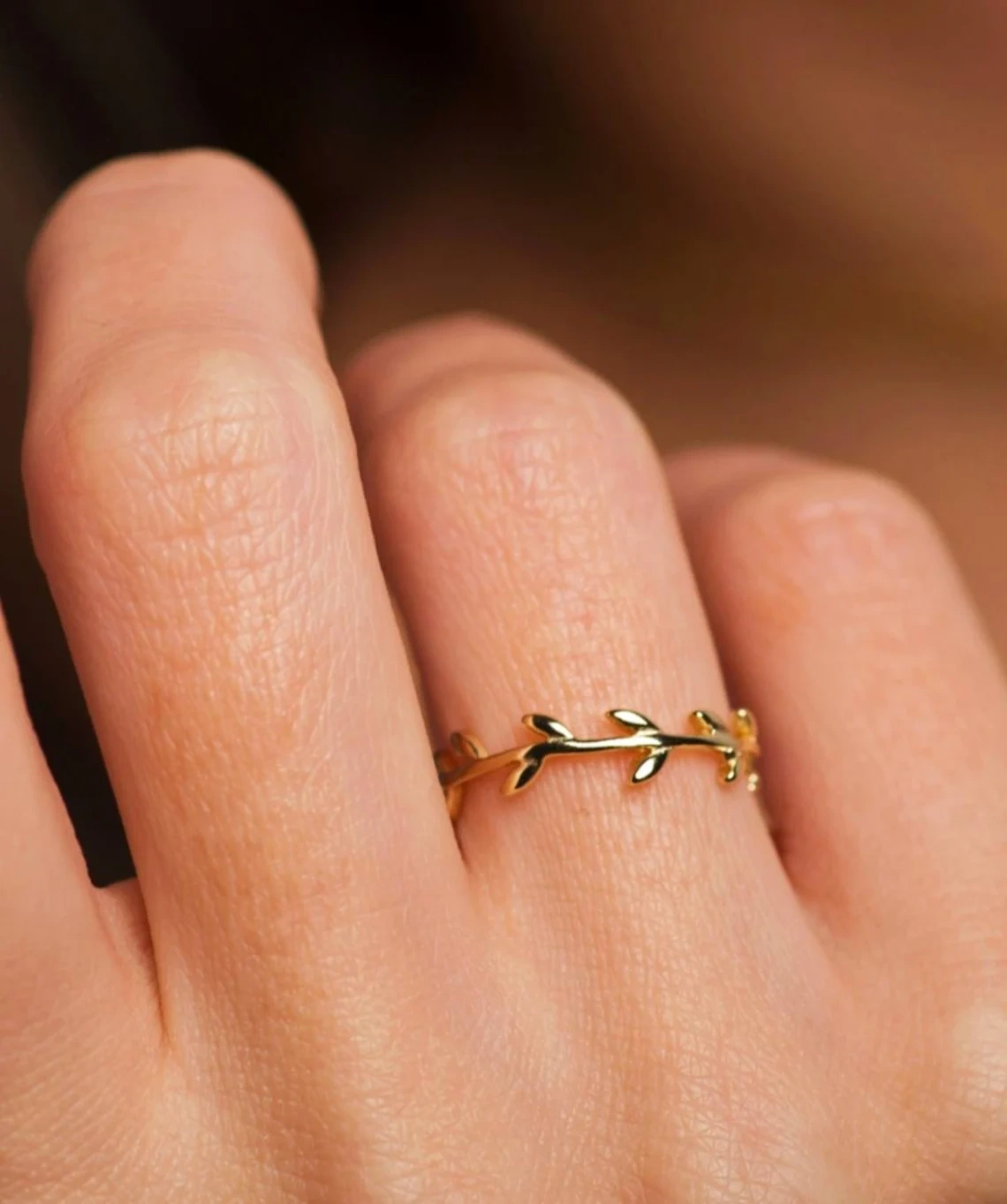 10K Solid Gold Tiny leaf Ring Handmade Delicate Stacking Branch Vine Ring Dainty Minimalist Statement Gold knuckle Skinny Bohu leaves Ring-10 3/4 US/Uk size – V-1