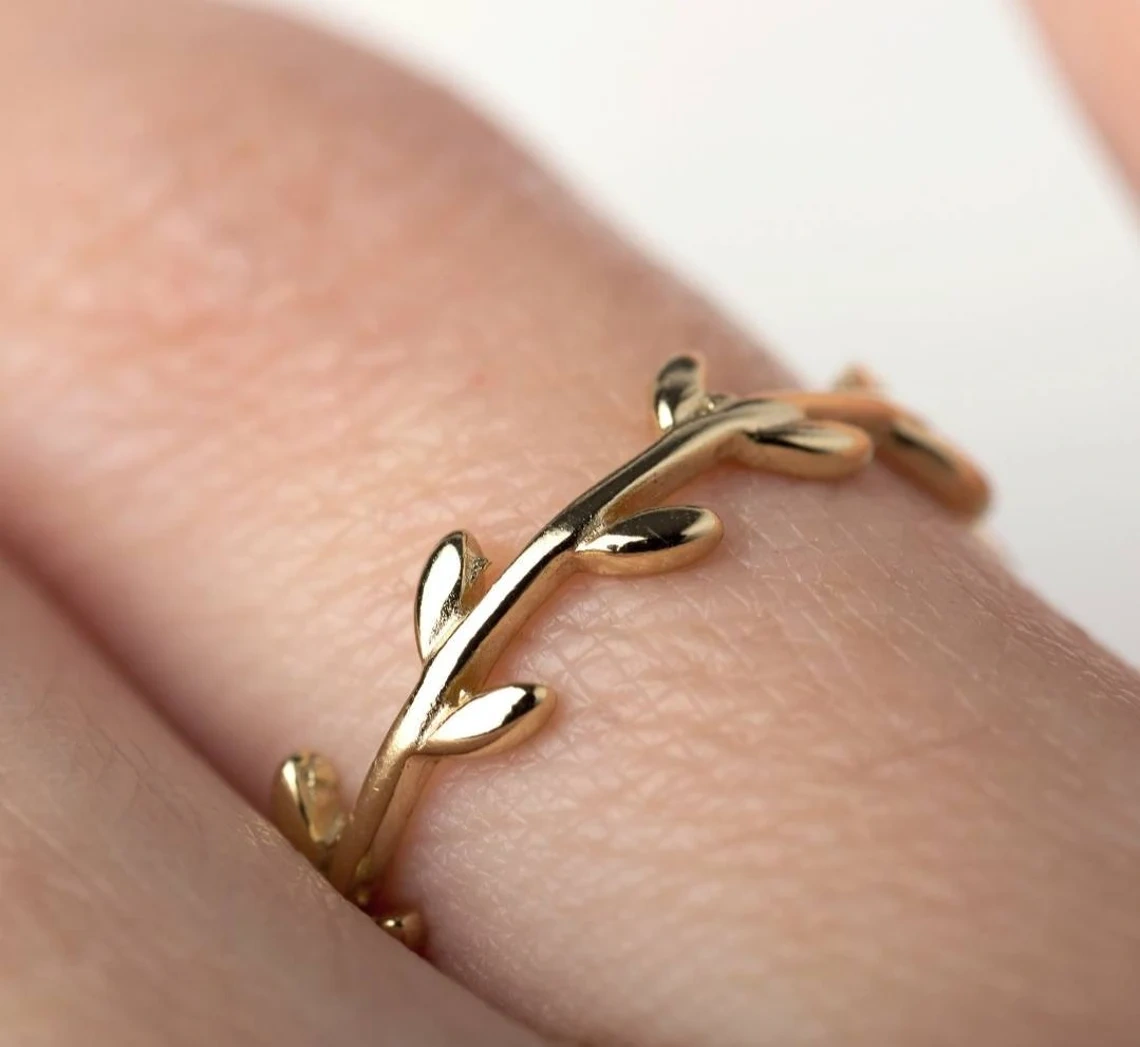 10K Solid Gold Tiny leaf Ring Handmade Delicate Stacking Branch Vine Ring Dainty Minimalist Statement Gold knuckle Skinny Bohu leaves Ring-10 3/4 US/Uk size – V-2